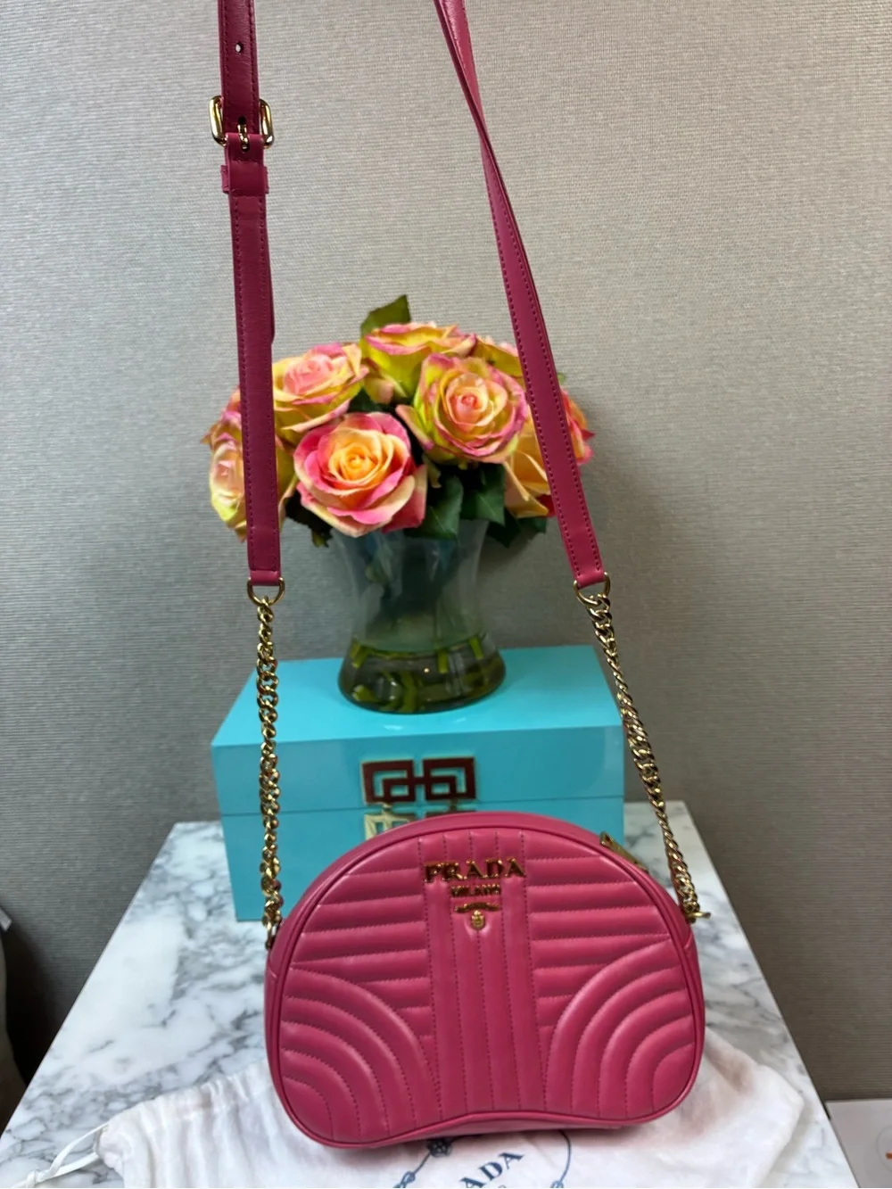 Prada Pink Quilted Diagramme Crossbody Bag - Gold Hardware - Excellent Condition